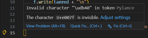 Screenshot of VS Code hinting at invisible characters